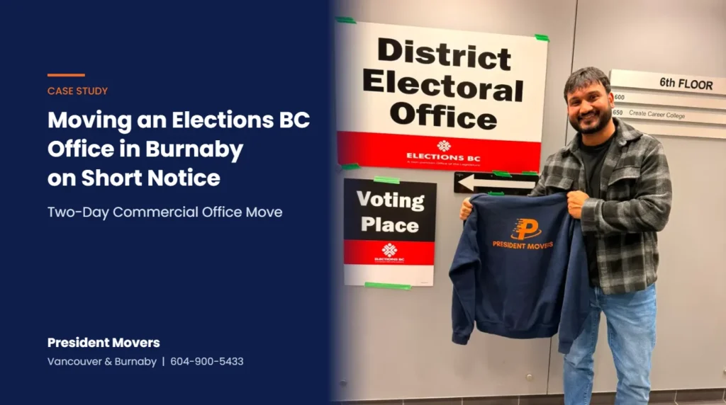 Case study banner: President Movers moving an Elections BC office in Burnaby on short notice